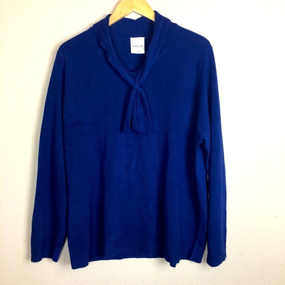 Bedford Fair Blue Bow Neck Sweater Soft Knit 1X Plus Size Classic Fall Cozy